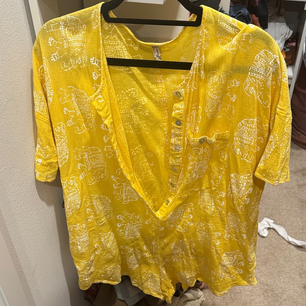 Free People Yellow Elephant-Print Short Romper